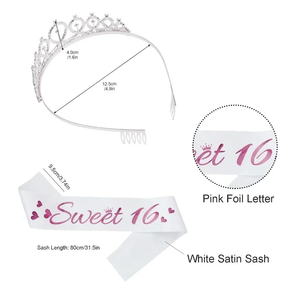 Sweet 16 Sash and Rhinestone Tiara, Pearl Pin & 10 Balloons NEW